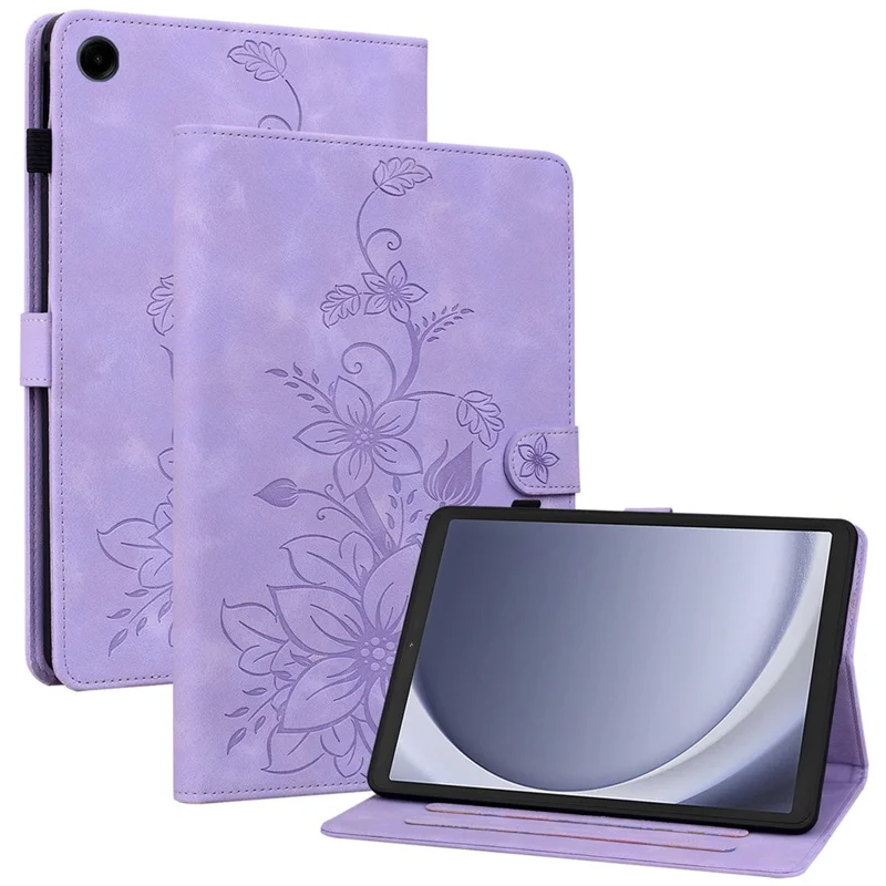 For Samsung Galaxy Tab A9 Protective Case Lily Flower Imprint PU Leather Tablet Case with Card Slots - Purple
