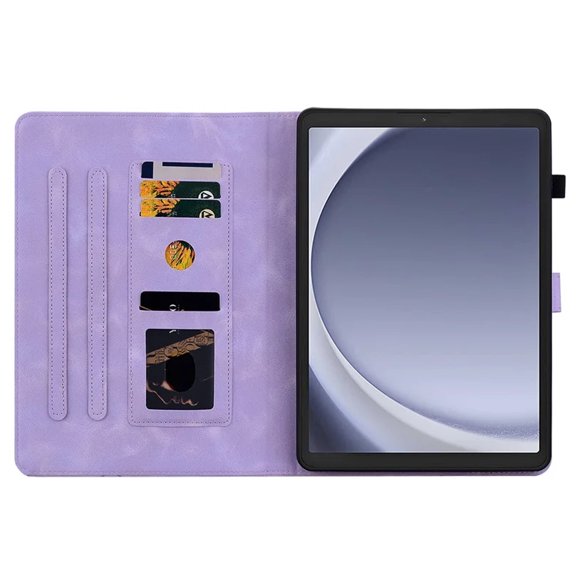 For Samsung Galaxy Tab A9 Protective Case Lily Flower Imprint PU Leather Tablet Case with Card Slots - Purple