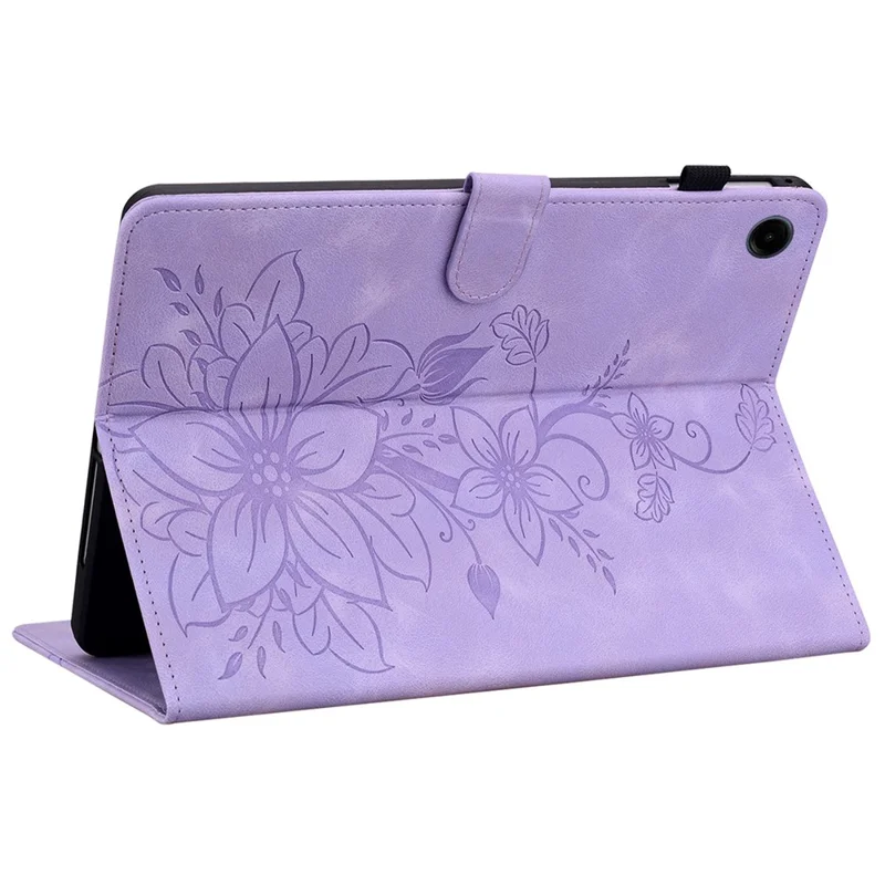 For Samsung Galaxy Tab A9 Protective Case Lily Flower Imprint PU Leather Tablet Case with Card Slots - Purple