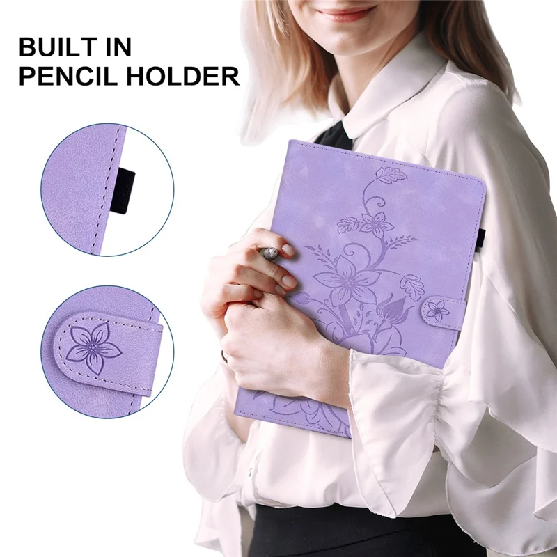 For Samsung Galaxy Tab A9 Protective Case Lily Flower Imprint PU Leather Tablet Case with Card Slots - Purple