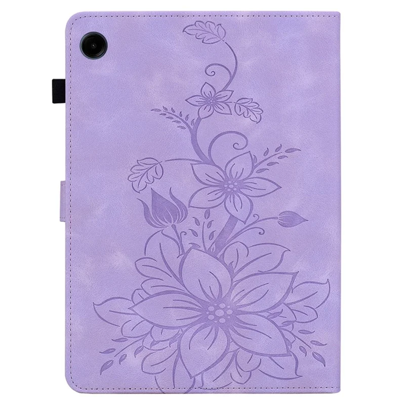 For Samsung Galaxy Tab A9 Protective Case Lily Flower Imprint PU Leather Tablet Case with Card Slots - Purple