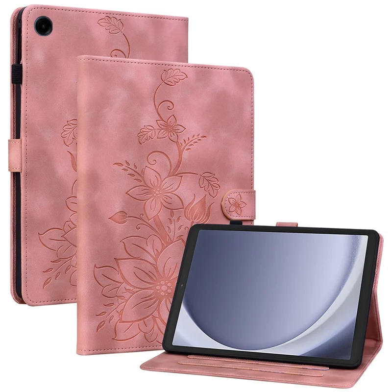 For Samsung Galaxy Tab A9 Protective Case Lily Flower Imprint PU Leather Tablet Case with Card Slots - Pink