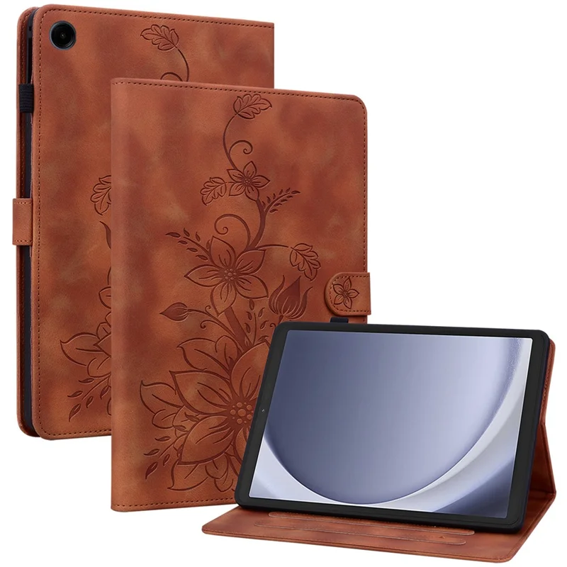 For Samsung Galaxy Tab A9 Protective Case Lily Flower Imprint PU Leather Tablet Case with Card Slots - Brown