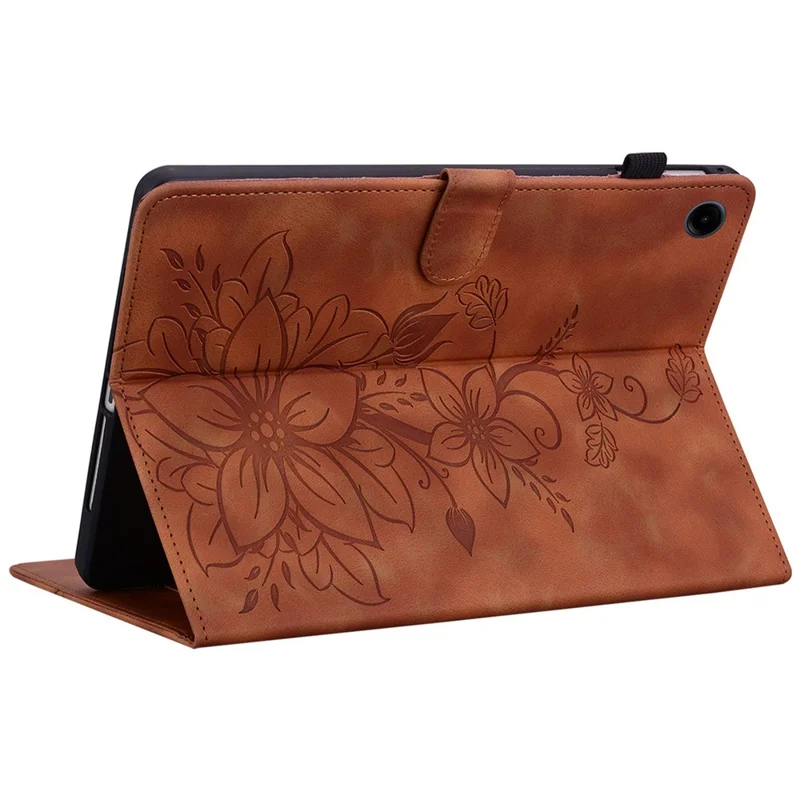 For Samsung Galaxy Tab A9 Protective Case Lily Flower Imprint PU Leather Tablet Case with Card Slots - Brown