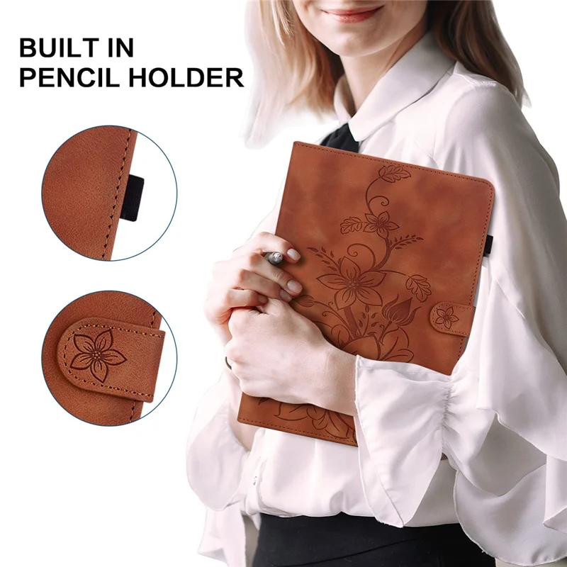 For Samsung Galaxy Tab A9 Protective Case Lily Flower Imprint PU Leather Tablet Case with Card Slots - Brown