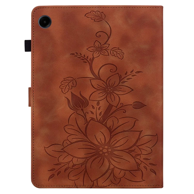 For Samsung Galaxy Tab A9 Protective Case Lily Flower Imprint PU Leather Tablet Case with Card Slots - Brown