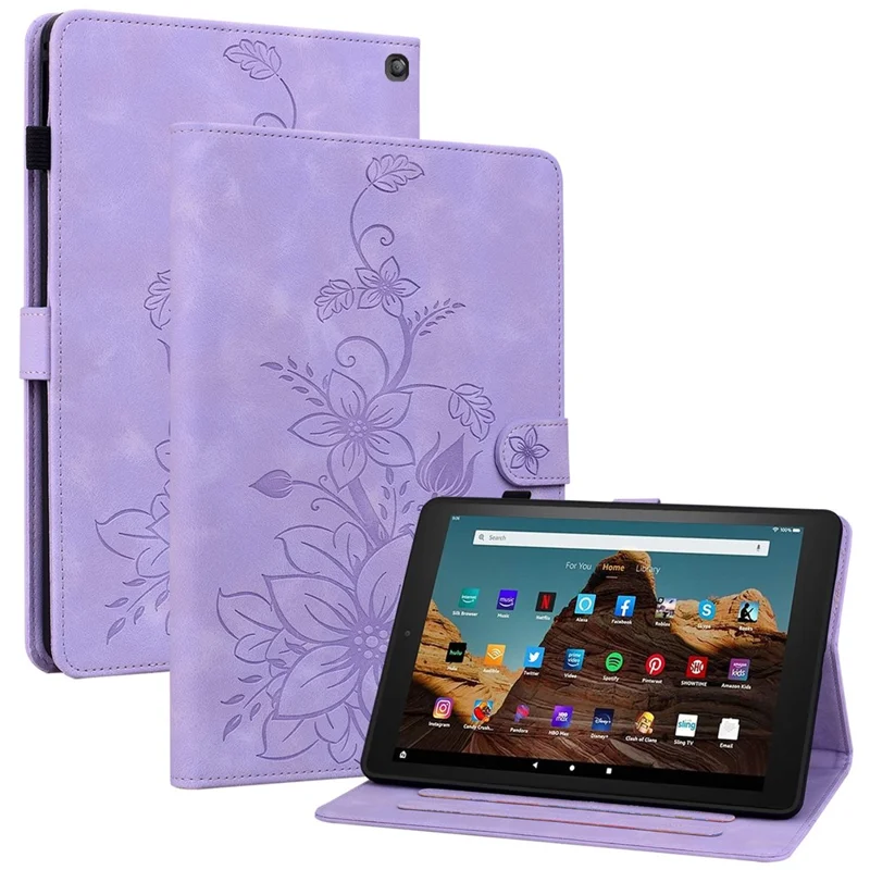 For Amazon Fire HD 10 (2023) Case with Card Slots Leather Tablet Cover Lily Flower - Purple