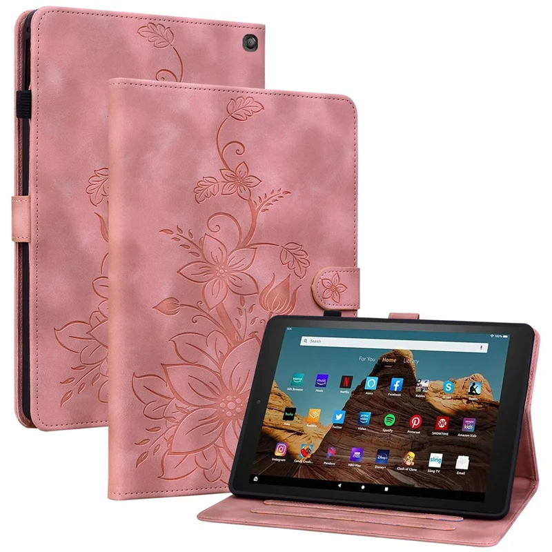 For Amazon Fire HD 10 (2023) Case with Card Slots Leather Tablet Cover Lily Flower - Pink