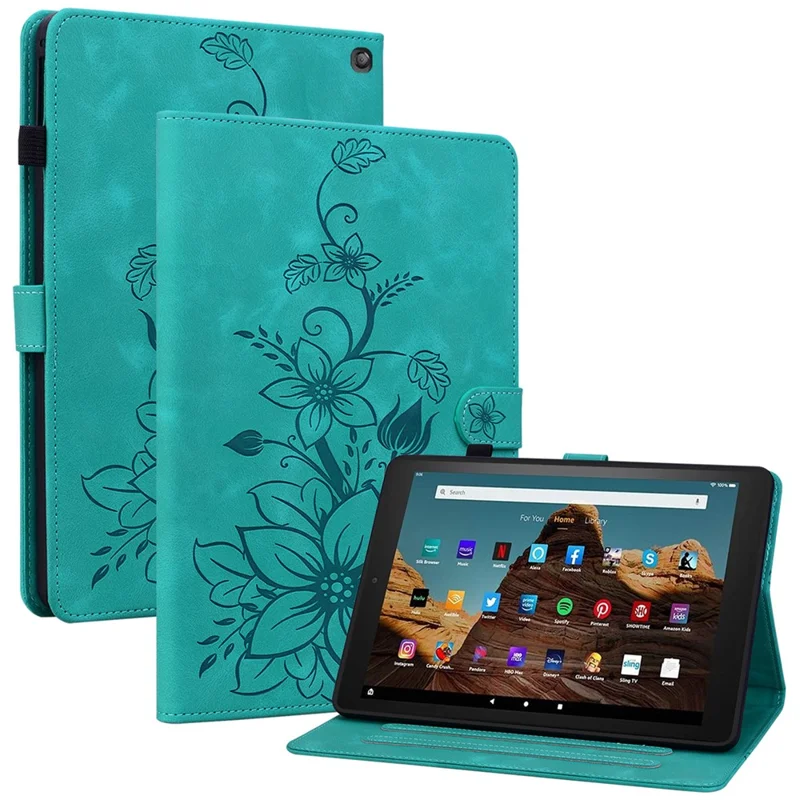 Til Amazon Fire HD 10 (2023) Taske med Kortlommer Læderdæksel Lily Blomst - Grøn