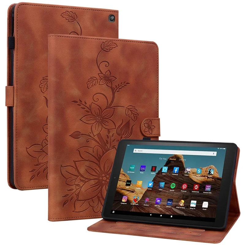 For Amazon Fire HD 10 (2023) Case with Card Slots Leather Tablet Cover Lily Flower - Brown