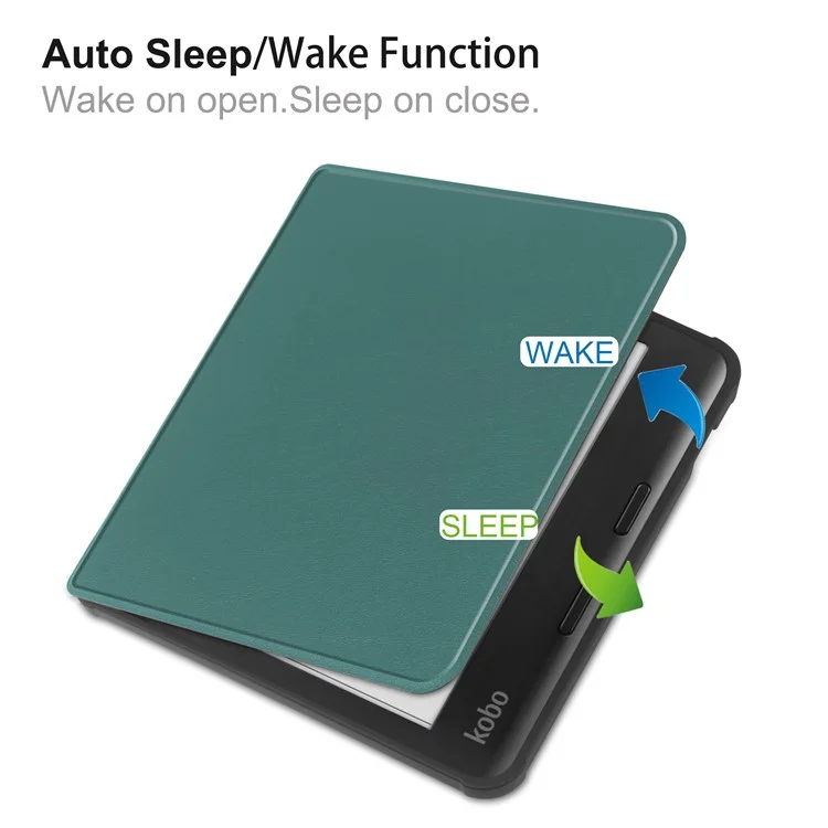 For Kobo Libra Colour Case PU Leather + TPU E-Reader Cover Support Auto Wake / Sleep - Blackish Green