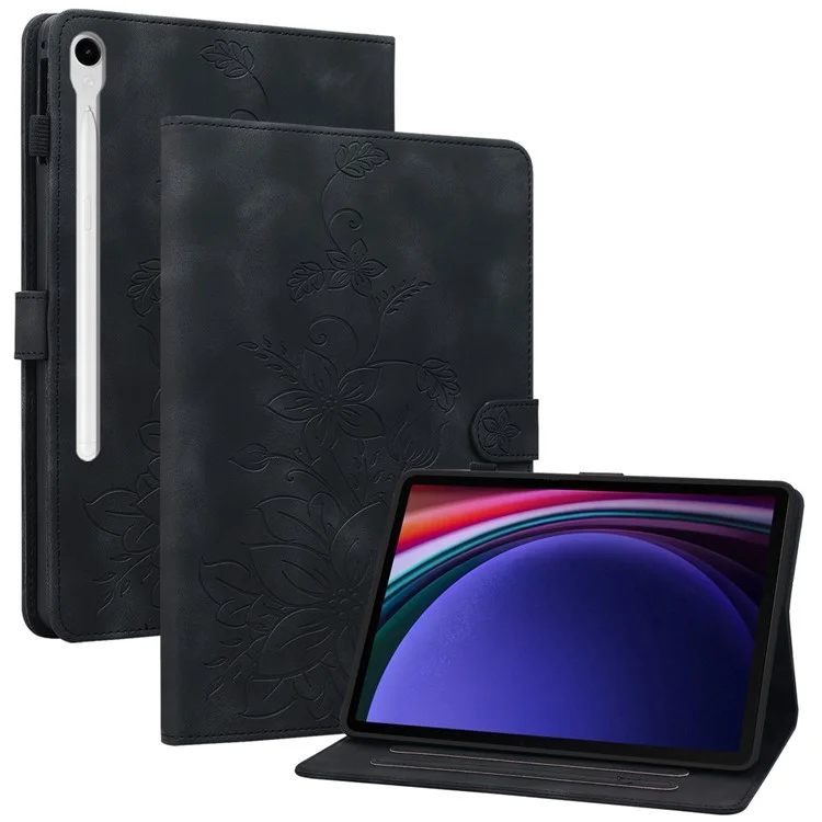 For Samsung Galaxy Tab S10 / S9 / Tab S7 / Tab S8 Case PU Leather+TPU Lily Flower Tablet Stand Shell - Black