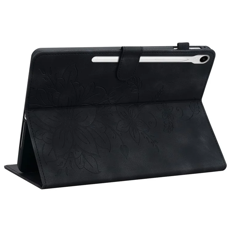 For Samsung Galaxy Tab S10 / S9 / Tab S7 / Tab S8 Case PU Leather+TPU Lily Flower Tablet Stand Shell - Black