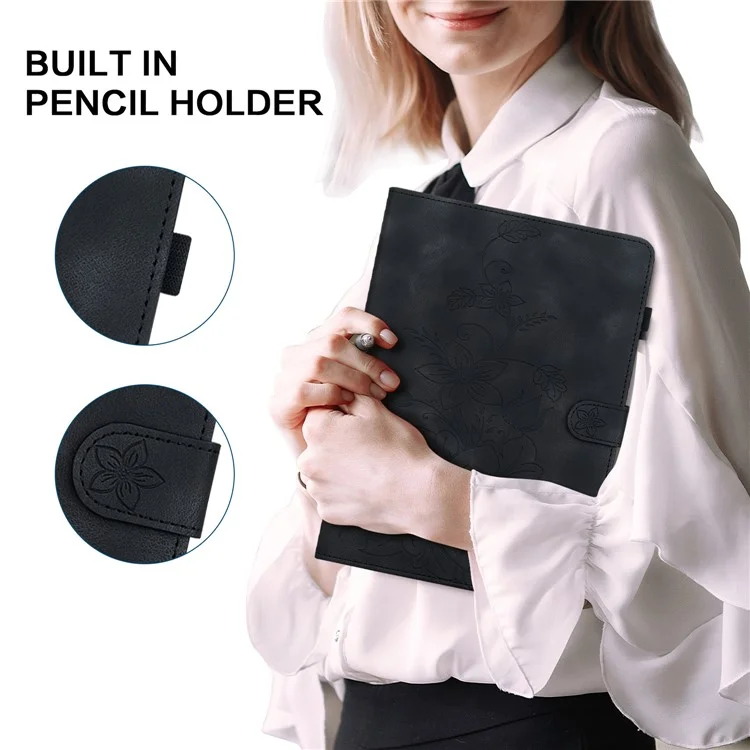 For Samsung Galaxy Tab S10 / S9 / Tab S7 / Tab S8 Case PU Leather+TPU Lily Flower Tablet Stand Shell - Black