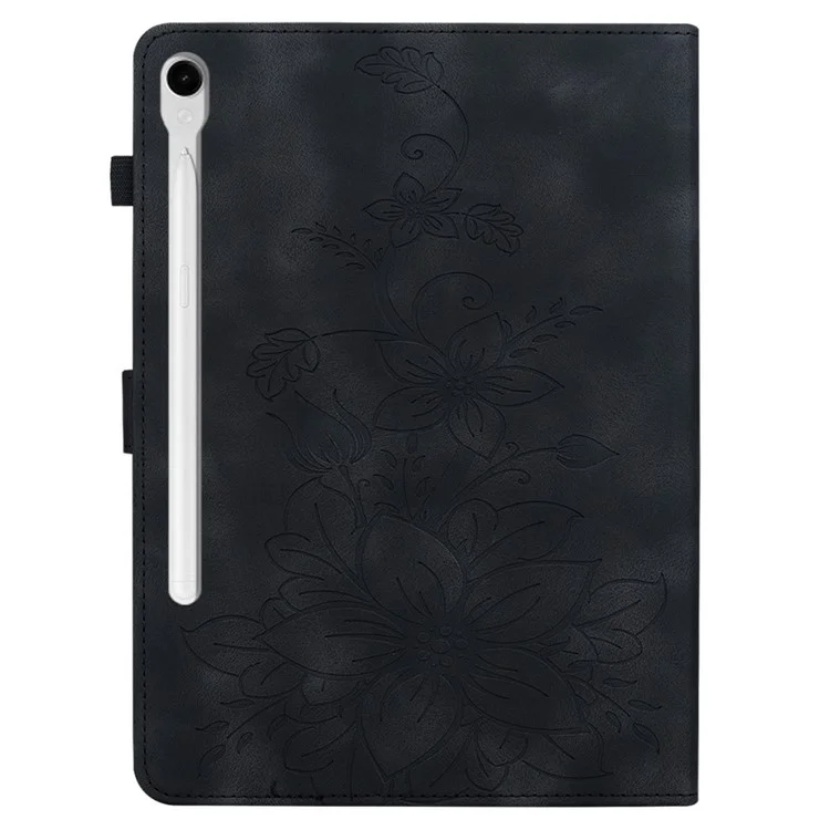 For Samsung Galaxy Tab S10 / S9 / Tab S7 / Tab S8 Case PU Leather+TPU Lily Flower Tablet Stand Shell - Black