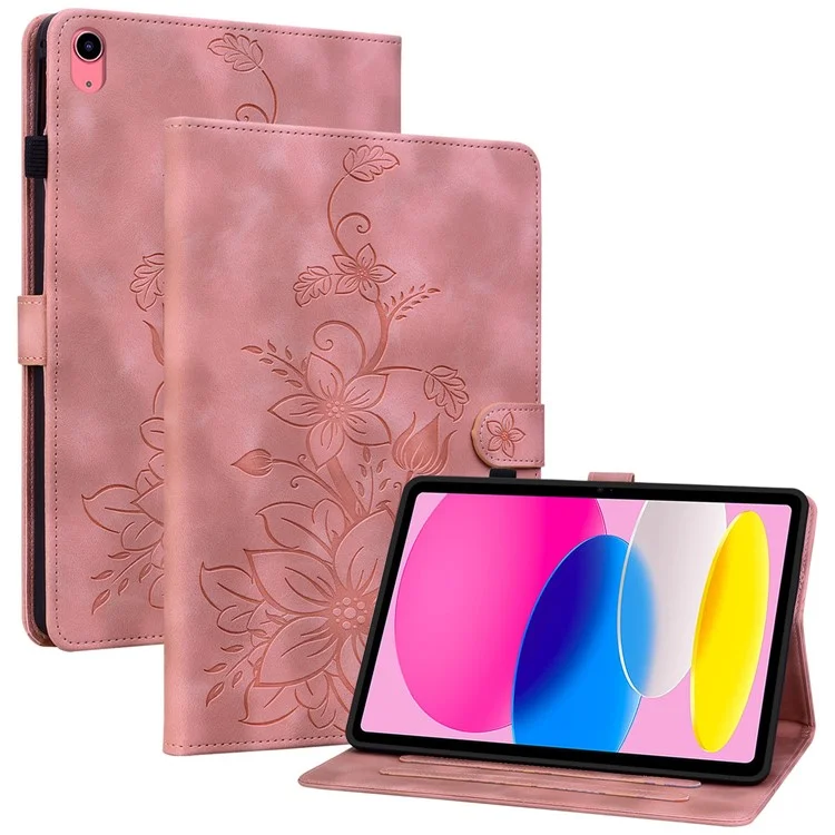 Für iPad 10.9 (2022) Stand Case Lily Flower Imprinted Leather Drop-Resistant Protective Cover - Pink