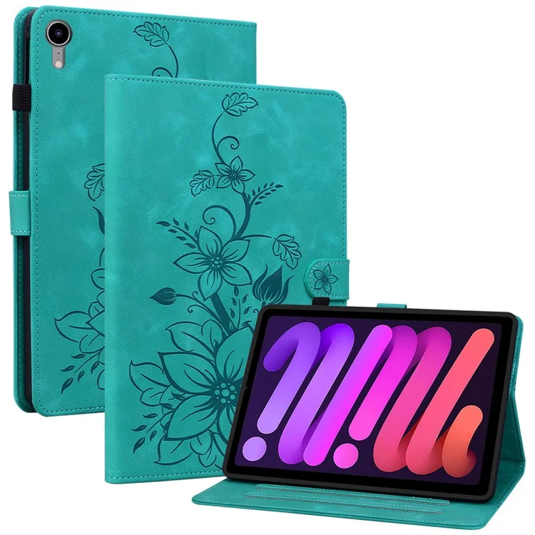 Für iPad mini (2024) / mini (2021) Case Lily Flower Design PU Leder Stehen Tablet Abdeckung - Grün