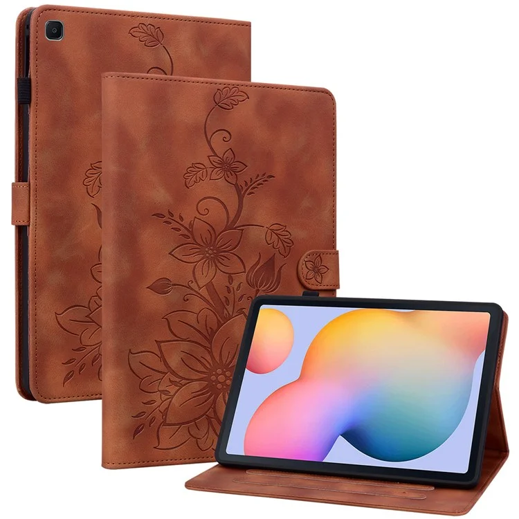 For Samsung Galaxy Tab S6 Lite (2020) / (2022) / (2024) Case Lily Flower Imprint Card Holder Leather Tablet Cover - Brown