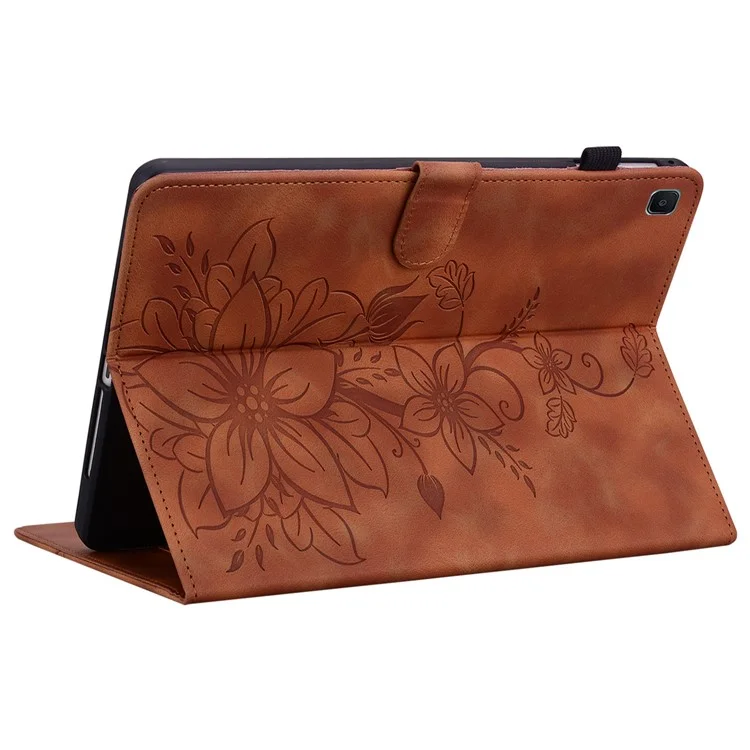 For Samsung Galaxy Tab S6 Lite (2020) / (2022) / (2024) Case Lily Flower Imprint Card Holder Leather Tablet Cover - Brown