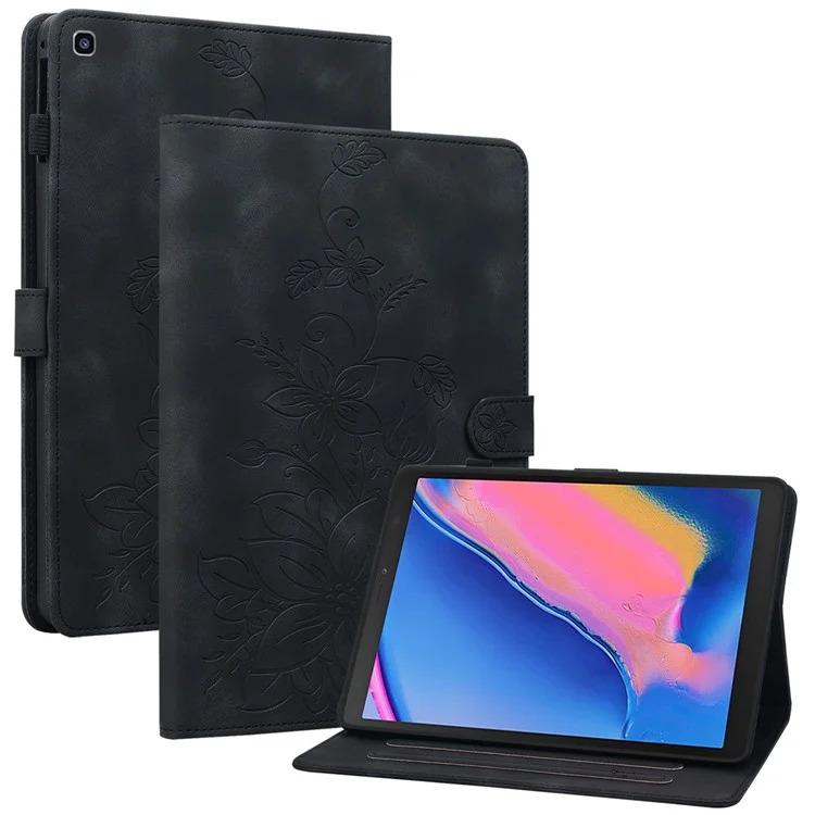 Für Samsung Galaxy Tab A 8.0 (2019) SM-T290 (Wi-Fi) / SM-T295 (LTE) / SM-T297 Hülle Blumen-Prägung PU-Leder Tablet-Hülle - Schwarz
