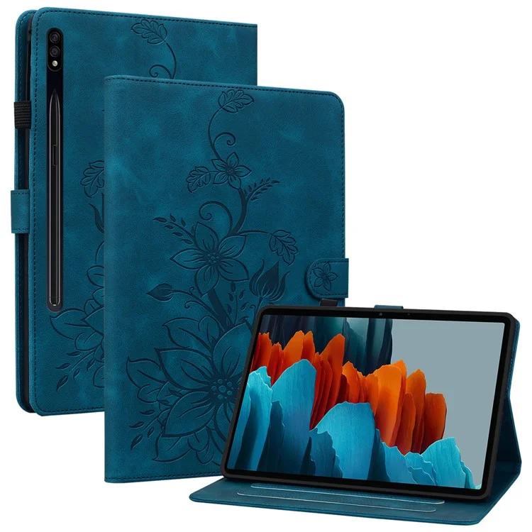 For Samsung Galaxy Tab S7 / S8 Case Flower Imprint PU Leather Drop-Proof Tablet Cover - Blue