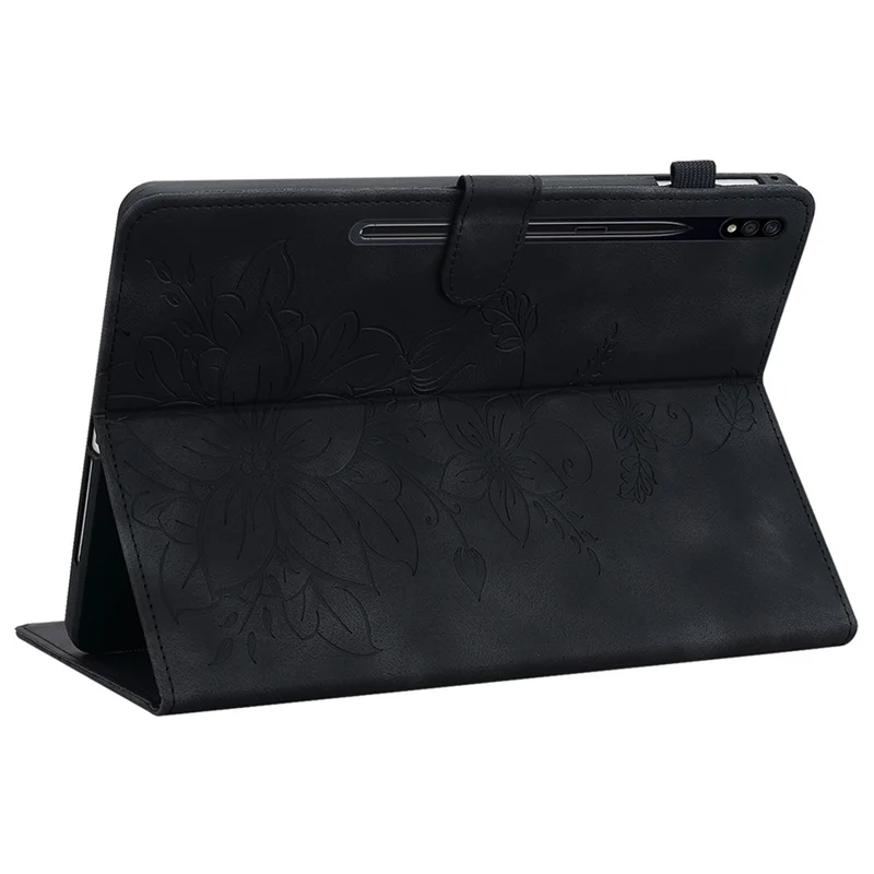 For Samsung Galaxy Tab S7 / S8 Case Flower Imprint PU Leather Drop-proof Tablet Cover - Black