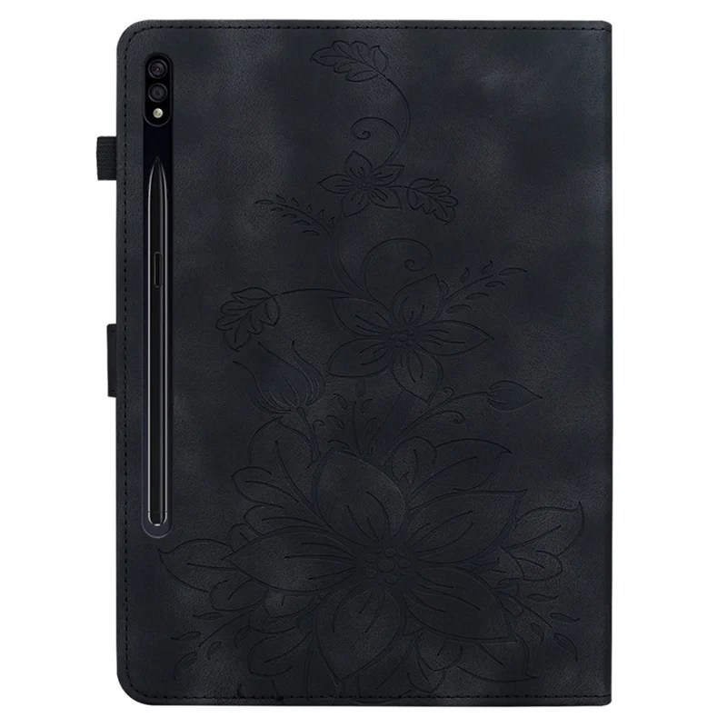 For Samsung Galaxy Tab S7 / S8 Case Flower Imprint PU Leather Drop-proof Tablet Cover - Black