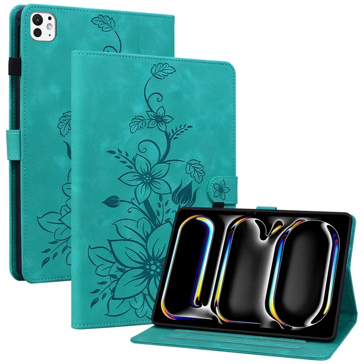 Para iPad Pro 11 (2024) Capa Lily Flower Design PU Leather Drop Protection Tablet Cover - Verde