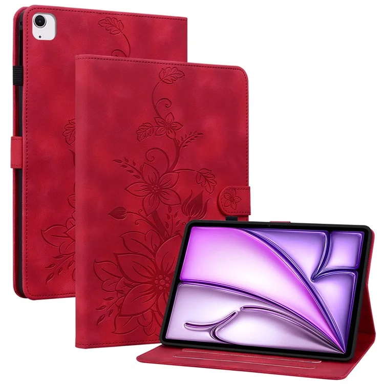 Capa para iPad Air 11 (2024) com Slots para Cartões, Flor de Lírio, Couro+TPU, Proteção Total - Vermelho