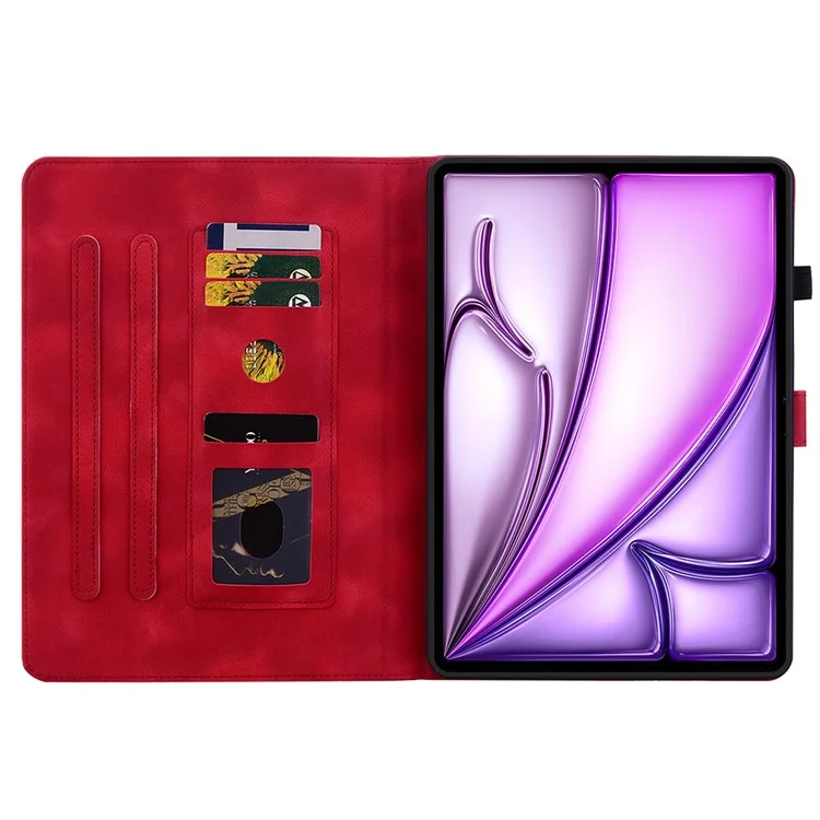 Capa para iPad Air 11 (2024) com Slots para Cartões, Flor de Lírio, Couro+TPU, Proteção Total - Vermelho