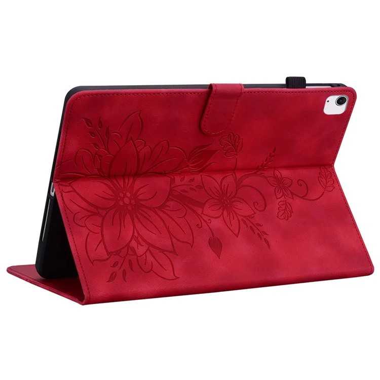 Capa para iPad Air 11 (2024) com Slots para Cartões, Flor de Lírio, Couro+TPU, Proteção Total - Vermelho