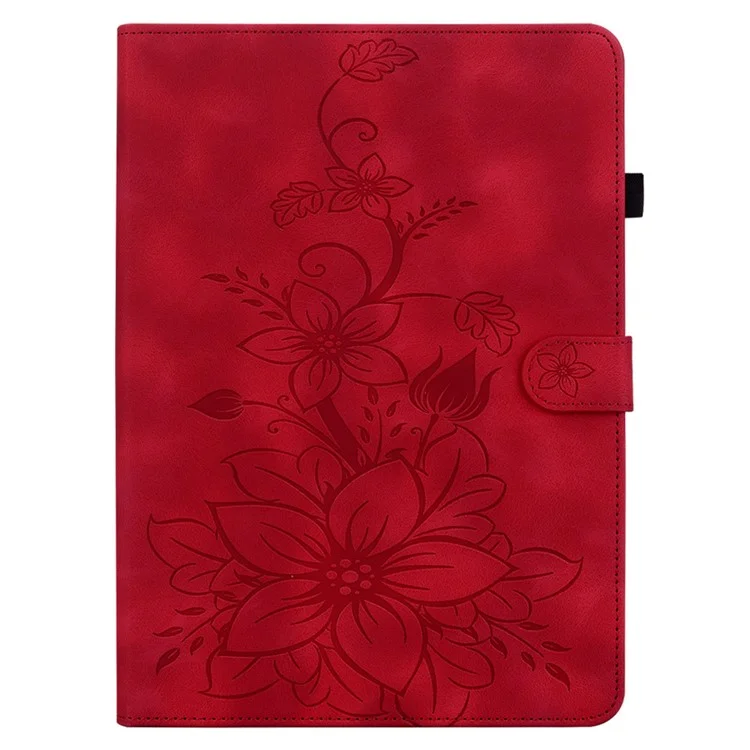 Capa para iPad Air 11 (2024) com Slots para Cartões, Flor de Lírio, Couro+TPU, Proteção Total - Vermelho