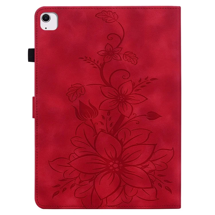 Capa para iPad Air 11 (2024) com Slots para Cartões, Flor de Lírio, Couro+TPU, Proteção Total - Vermelho