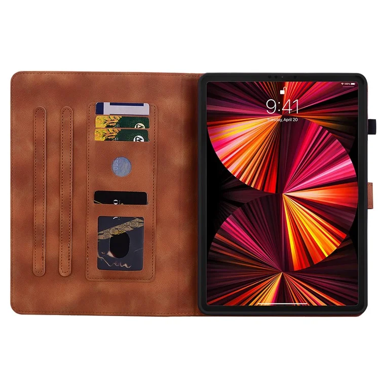 For iPad Pro 12.9 (2020) / (2021) / (2022) Tablet Case Shockproof Flower Imprint PU Leather Flip Cover - Brown