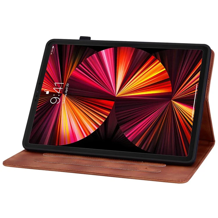 For iPad Pro 12.9 (2020) / (2021) / (2022) Tablet Case Shockproof Flower Imprint PU Leather Flip Cover - Brown