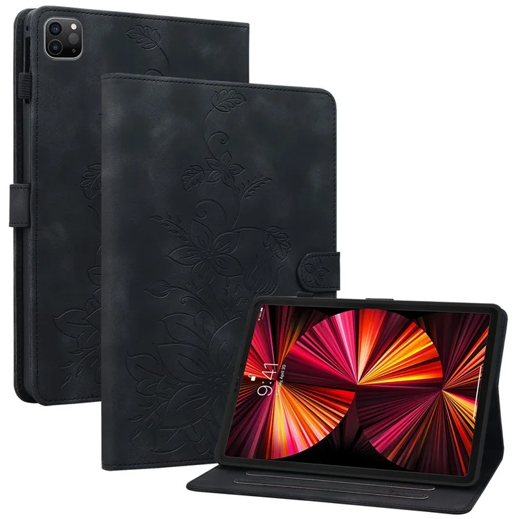 Per iPad Pro 11 pollici (2018) / (2020) / (2021) / (2022) / Air 11 (2024) / Air (2022) / (2020) Custodia da supporto con disegno a fiore di giglio - Nero