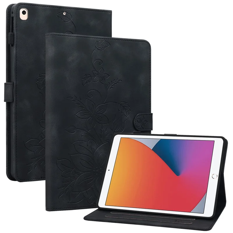 For iPad Air (2013) / Air 2 / iPad 9.7-inch (2017) / (2018) Tablet Stand Case Leather Cover with Imprinted Flower - Black