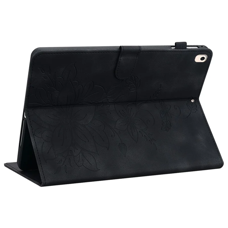 For iPad Air (2013) / Air 2 / iPad 9.7-inch (2017) / (2018) Tablet Stand Case Leather Cover with Imprinted Flower - Black