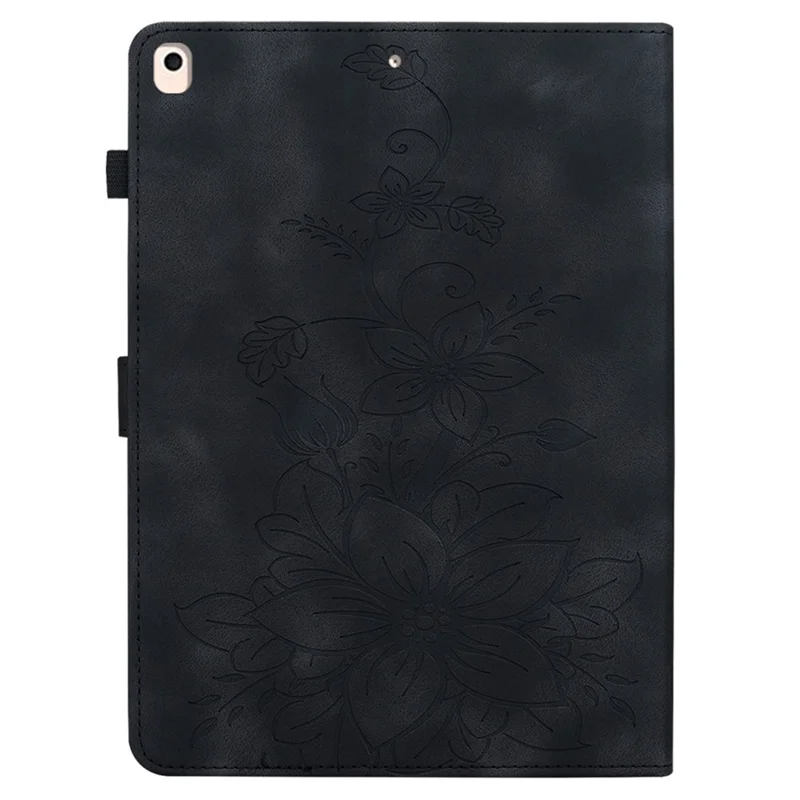 For iPad Air (2013) / Air 2 / iPad 9.7-inch (2017) / (2018) Tablet Stand Case Leather Cover with Imprinted Flower - Black