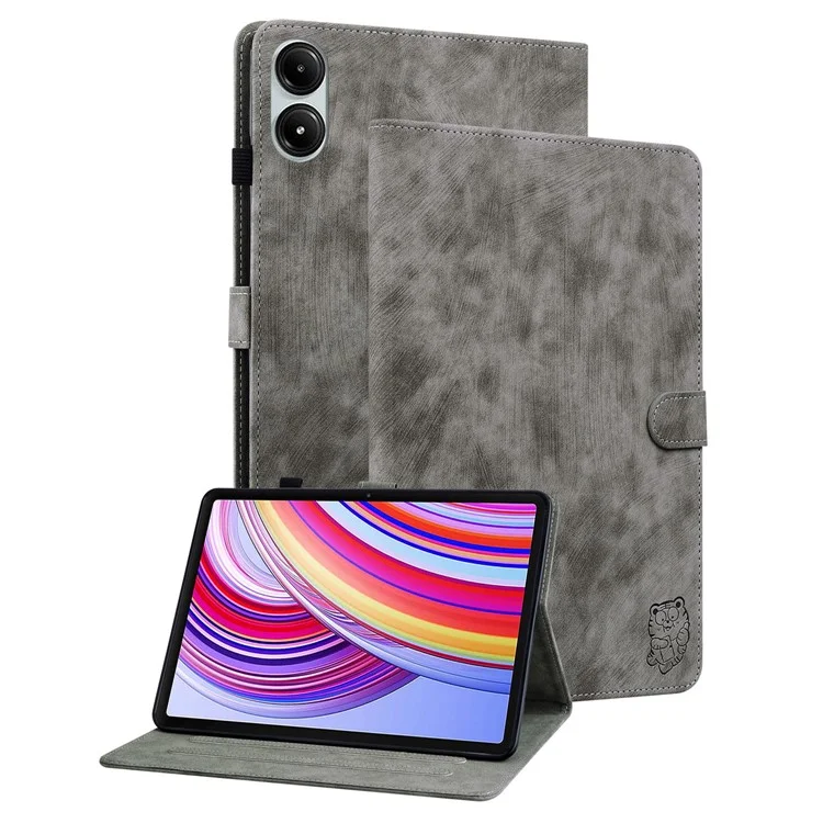 For Xiaomi Redmi Pad Pro / Redmi Pad Pro 5G / Poco Pad Case Cute Tiger Imprinted PU Leather Stand Tablet Cover - Grey