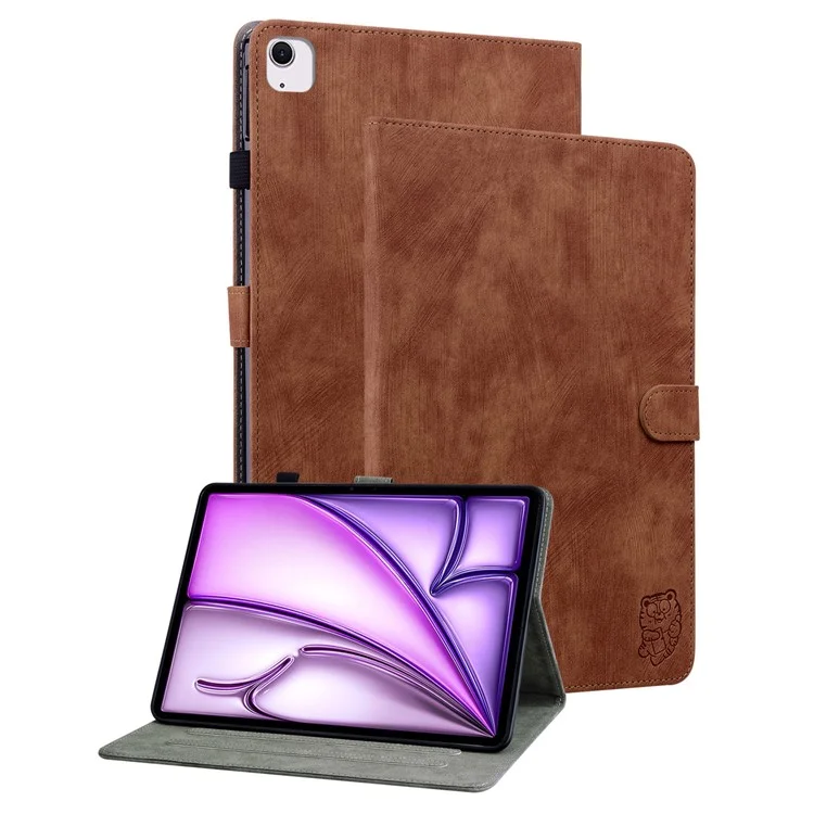 Para iPad Air 13 (2024) Capa de Couro PU Stand Tablet Shell Bonito Desenho Animado Tigre Impresso - Marrom