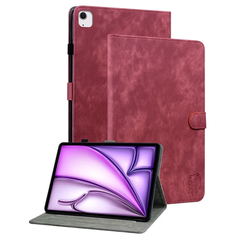 For iPad Air 13 (2026) / (2025) / (2024) Case PU Leather Stand Tablet Shell Cute Cartoon Tiger Imprinted - Red