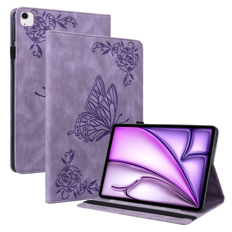 Para iPad Air 11 (2024) Case Imprinted Borboleta Flor PU Leather Flip Card Slots Tablet Cover - Purple
