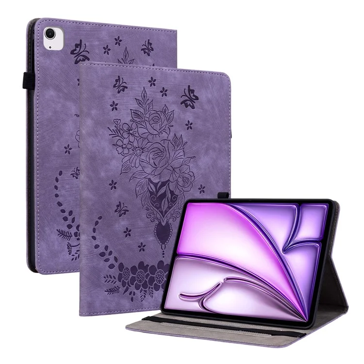 Per iPad Air 11 (2024) Custodia in pelle PU antiurto Slot per schede Custodia protettiva con design a fiore rosa - Viola