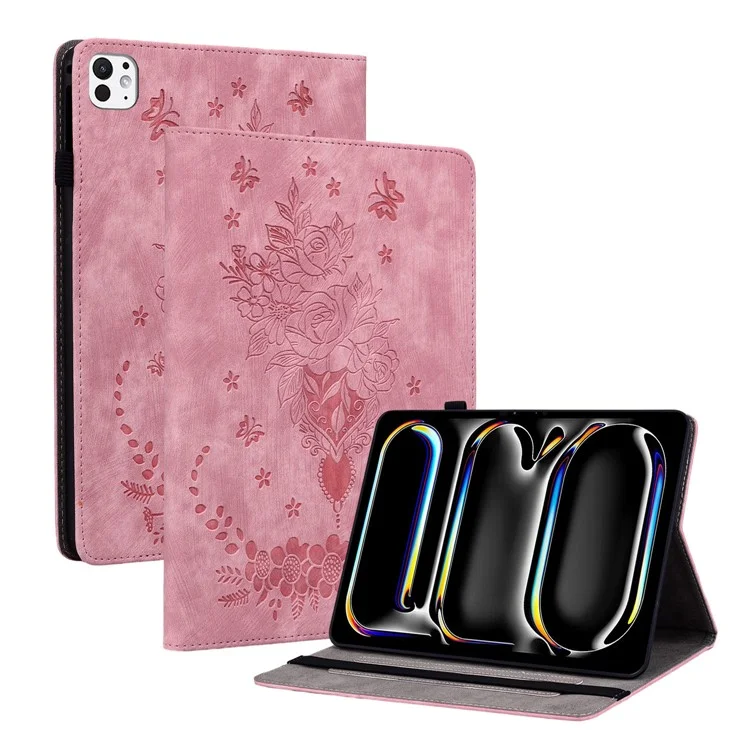 Para iPad Pro 11 (2024) Capa de Couro Tablet Suporte para Cartão Estampado com Flor de Rosa - Rosa