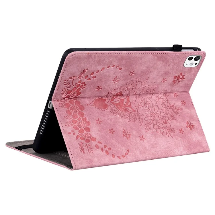 Para iPad Pro 11 (2024) Capa de Couro Tablet Suporte para Cartão Estampado com Flor de Rosa - Rosa