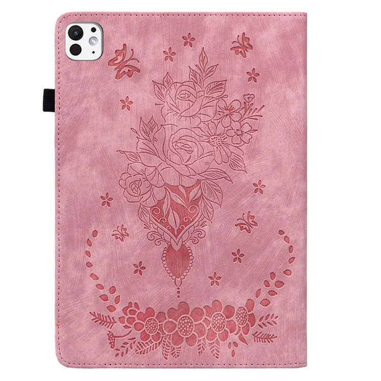 Para iPad Pro 11 (2024) Capa de Couro Tablet Suporte para Cartão Estampado com Flor de Rosa - Rosa