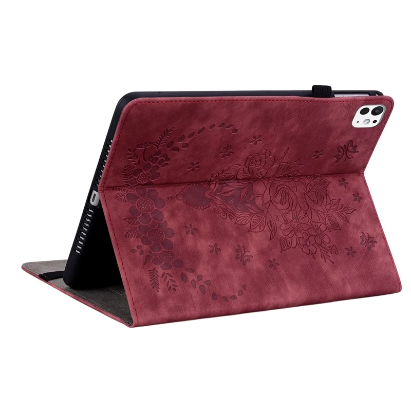 For iPad Pro 11 (2025) / 11 (2024) Leather Tablet Case Card Holder Imprinted Rose Flower Cover - Red