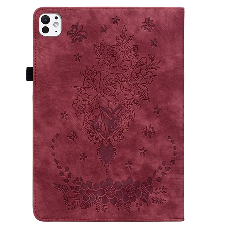 For iPad Pro 11 (2025) / 11 (2024) Leather Tablet Case Card Holder Imprinted Rose Flower Cover - Red