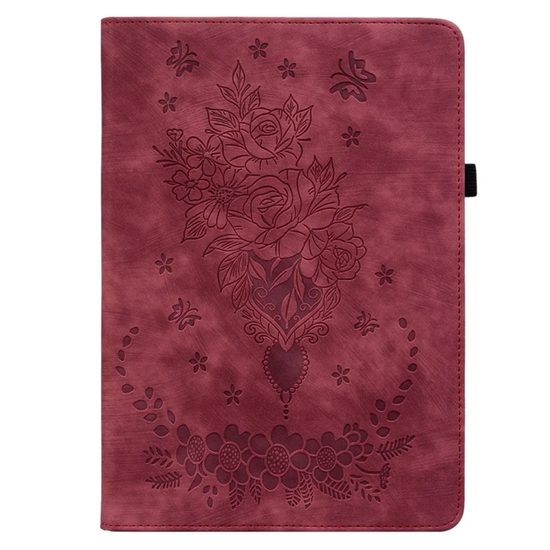 For iPad Pro 11 (2025) / 11 (2024) Leather Tablet Case Card Holder Imprinted Rose Flower Cover - Red